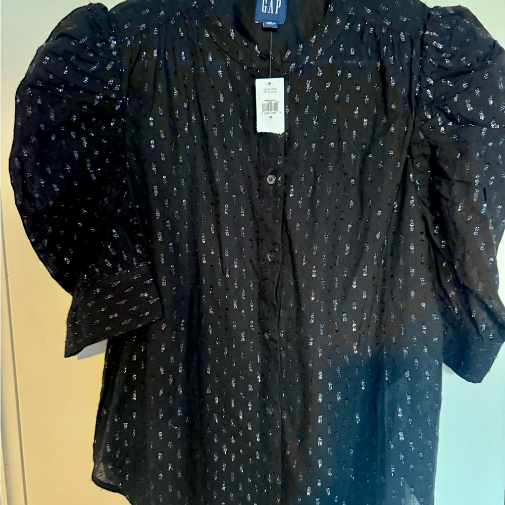 GAP Black Blouse with Subtle Pattern and Puff Sleeves